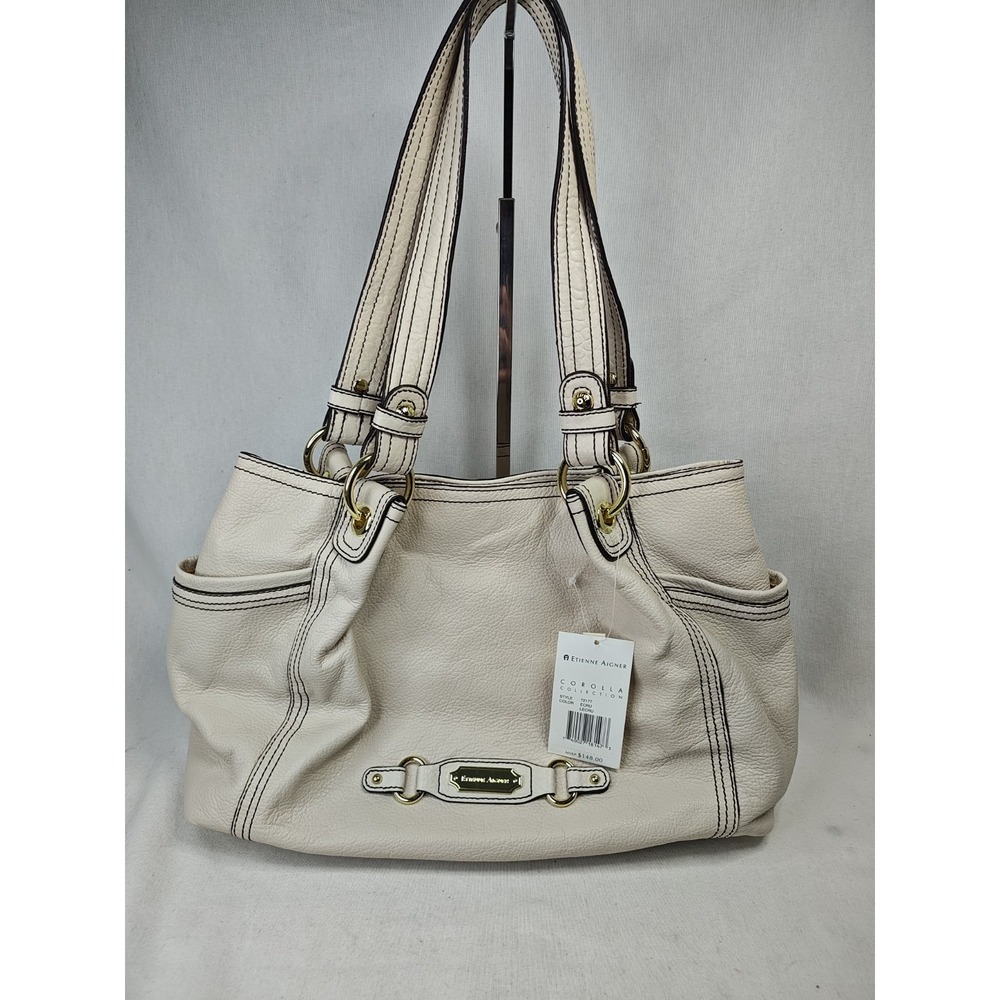 Ivory Leather Shoulder Tote with Gold Accents